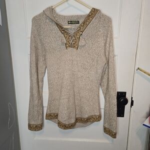 Alpaca Fina Peruvian Hooded Knit Sweater – Earth Tone Geometric Trim